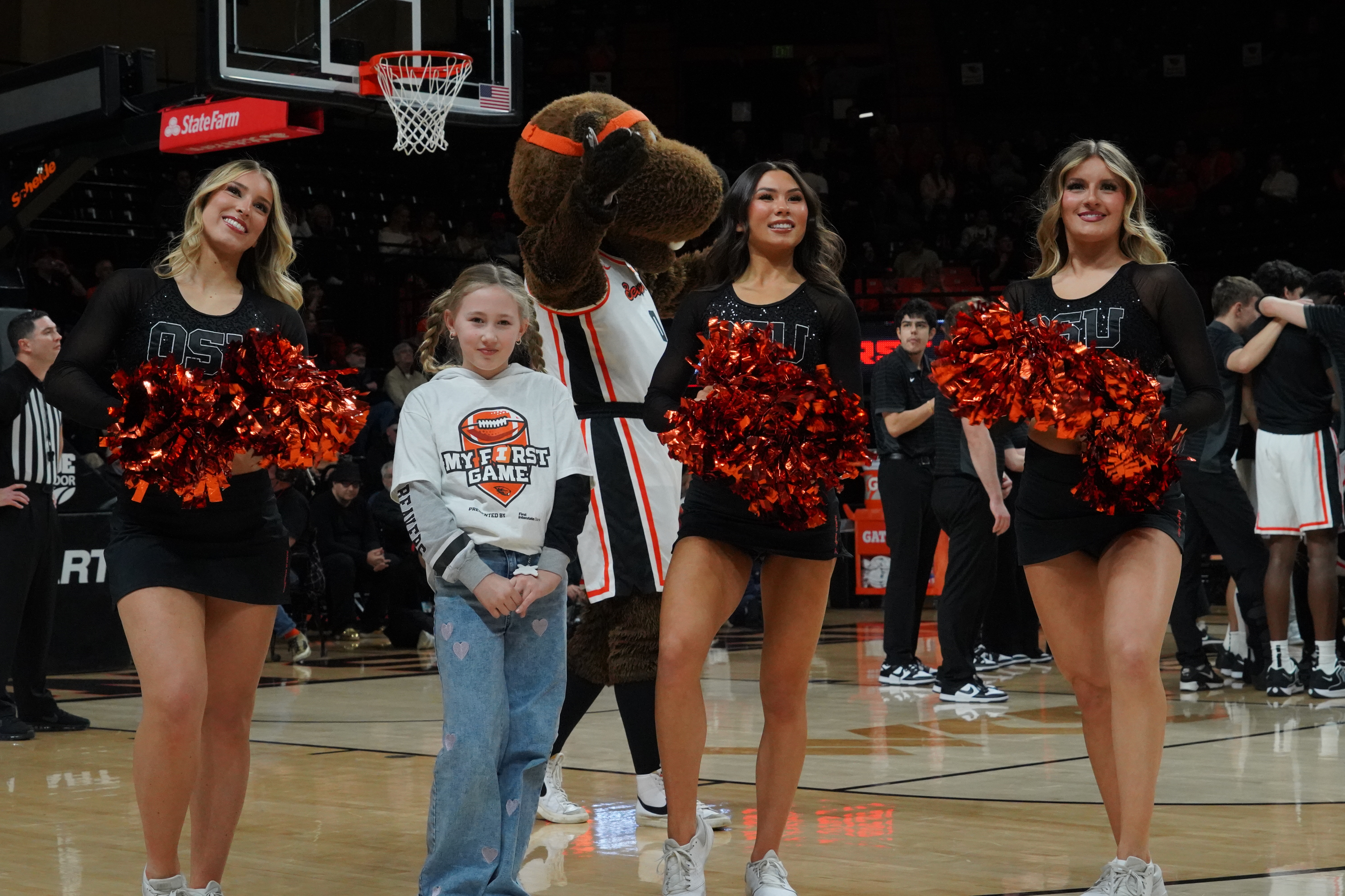 My First Game fan activation with OSU cheer team and Benny Beaver